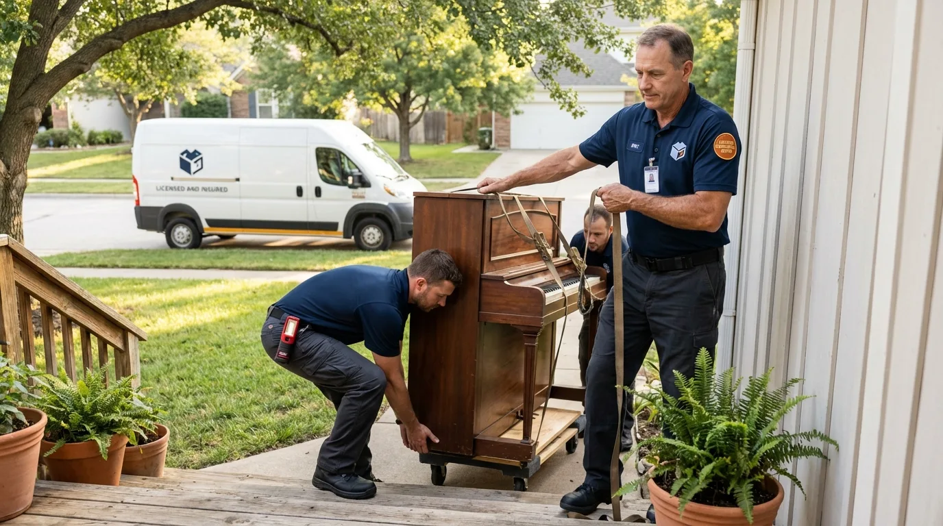 Licensed piano movers securing grand piano in Mill City, OR
