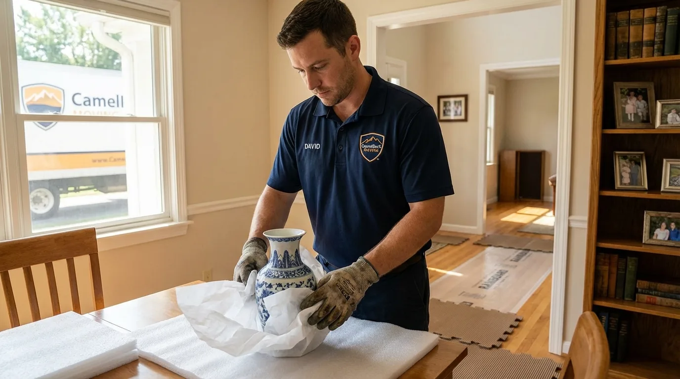 Professional crew carefully wrapping antique vase for senior downsizing move in Mill City, OR